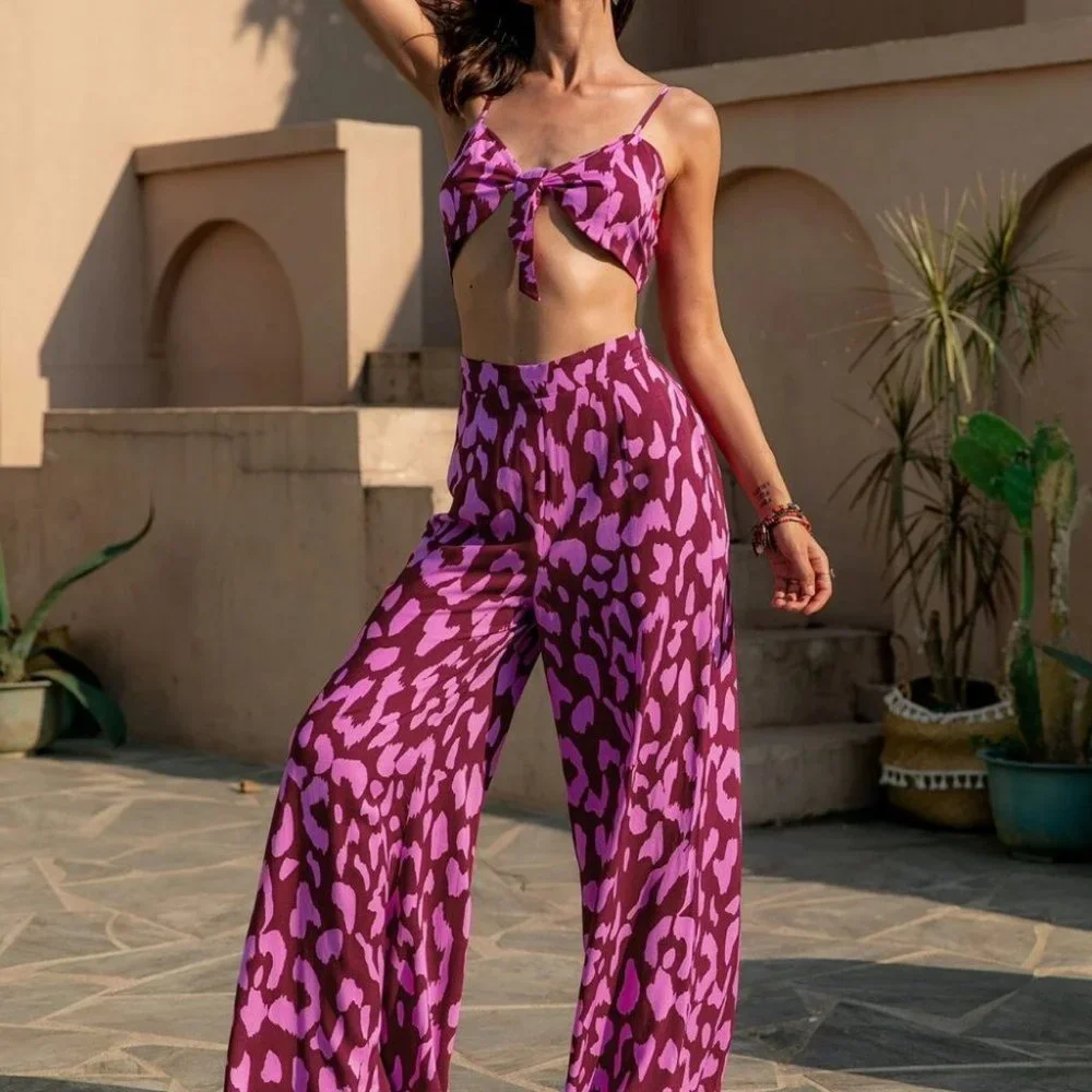 Purple Summer Allover Print Crop Cami Top & Wide Leg Pants Set - Picture 5 of 5